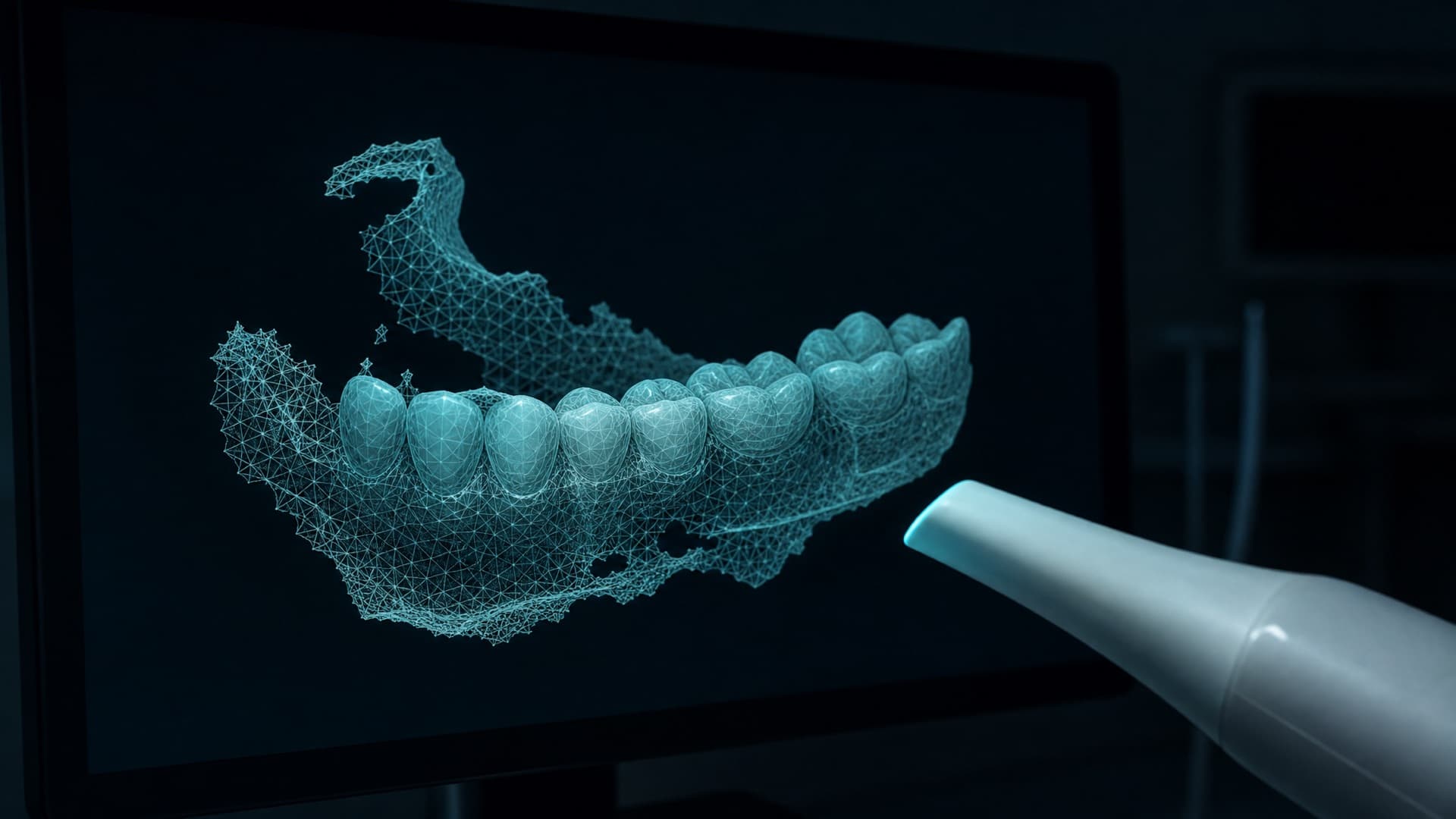 Laufender Intraoralscan im Unterkiefer, im Hintergrund entsteht das Kiefermodell in Türkis auf dem Bildschirm