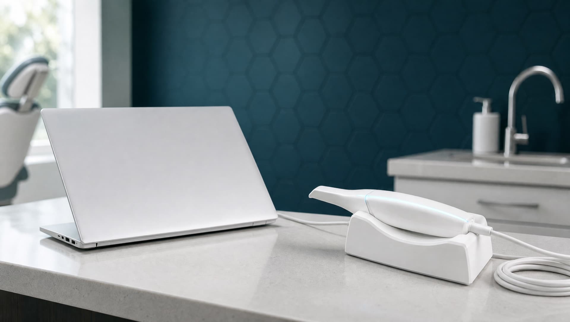 Übergabe eines Intraoralscanners in der Praxis, zwei Paar Hände am Gerät, dahinter ein Laptop